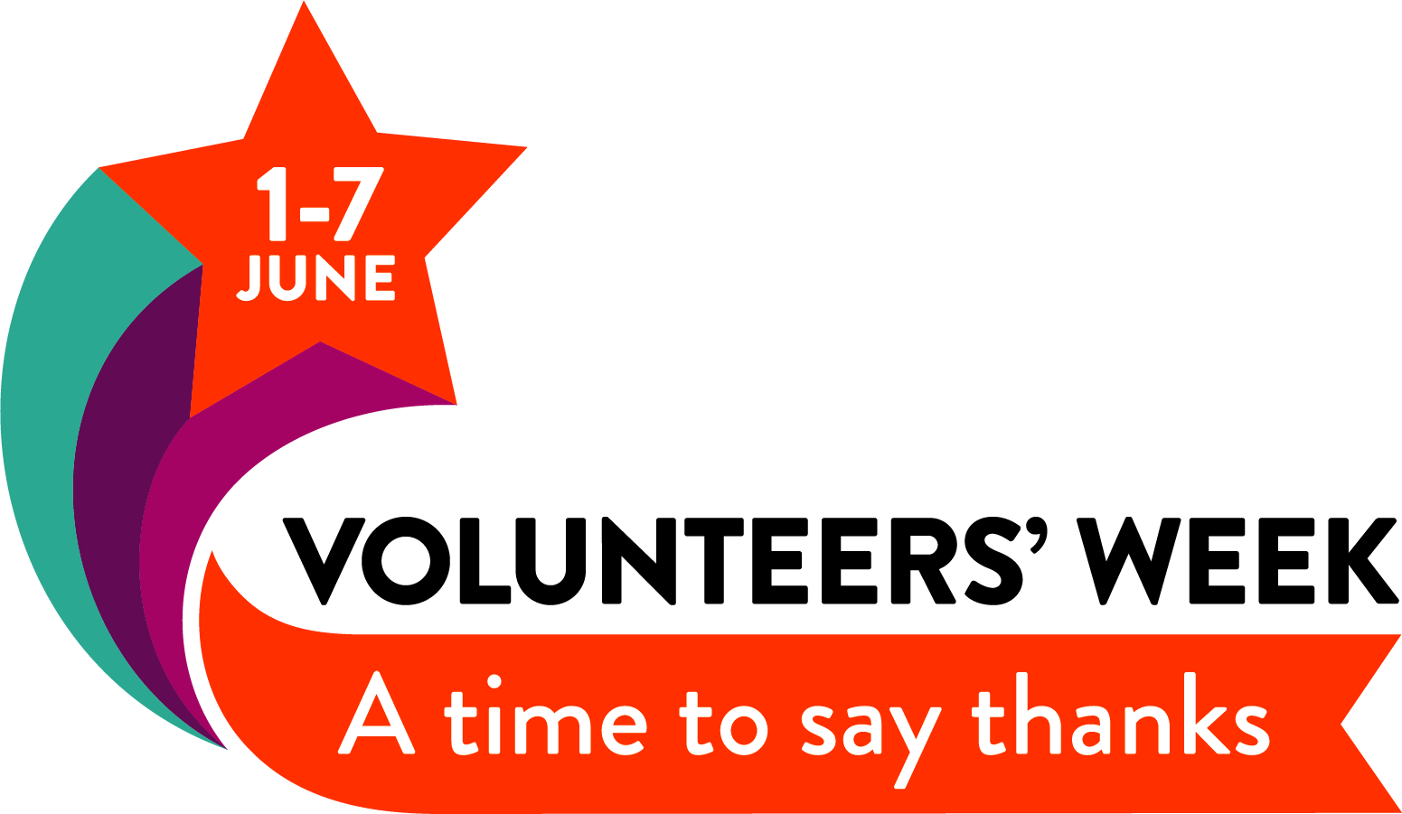 Volunteers' Week logo featuring a star with the 1-7 June written in it. Text also reads Volunteers' Week, A time to say thanks.