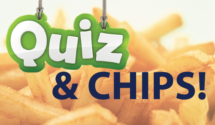 Close up view of a plate of potato chips with the words quiz and chips across it.