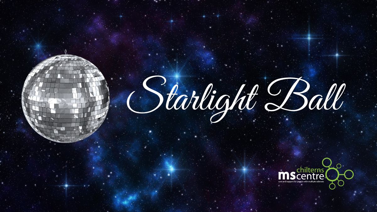 Picture of space with a multitude of stars flickering. In the foreground is the image of a mirrored disco ball with the words Starlight Ball next to it.