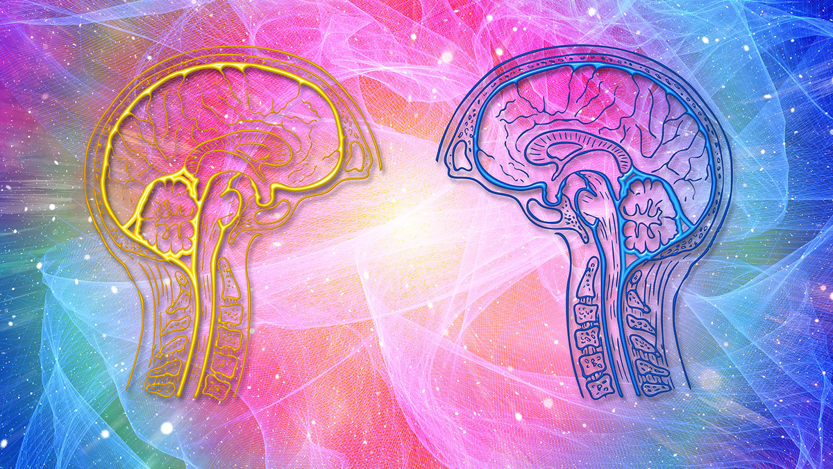 Depiction of a celestial scene in the background while the foreground is two x-ray scans showing the brain and spinal column.