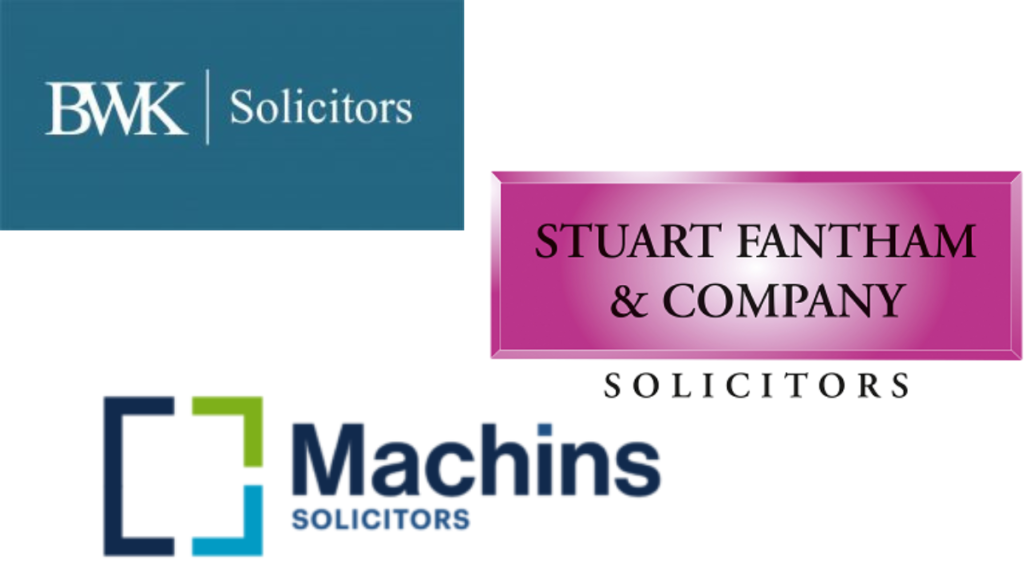 Graphic displaying the logos for three solicitor firms - BWK, Stuart Fantham and Company and Machins.