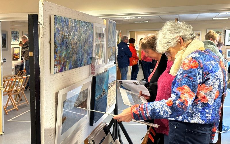 View of an art exhibition with a lady looking intently at a painting.