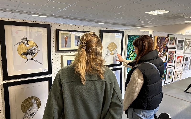 Two women looking closely at a painting that is hanging from the wall of an art exhibition.